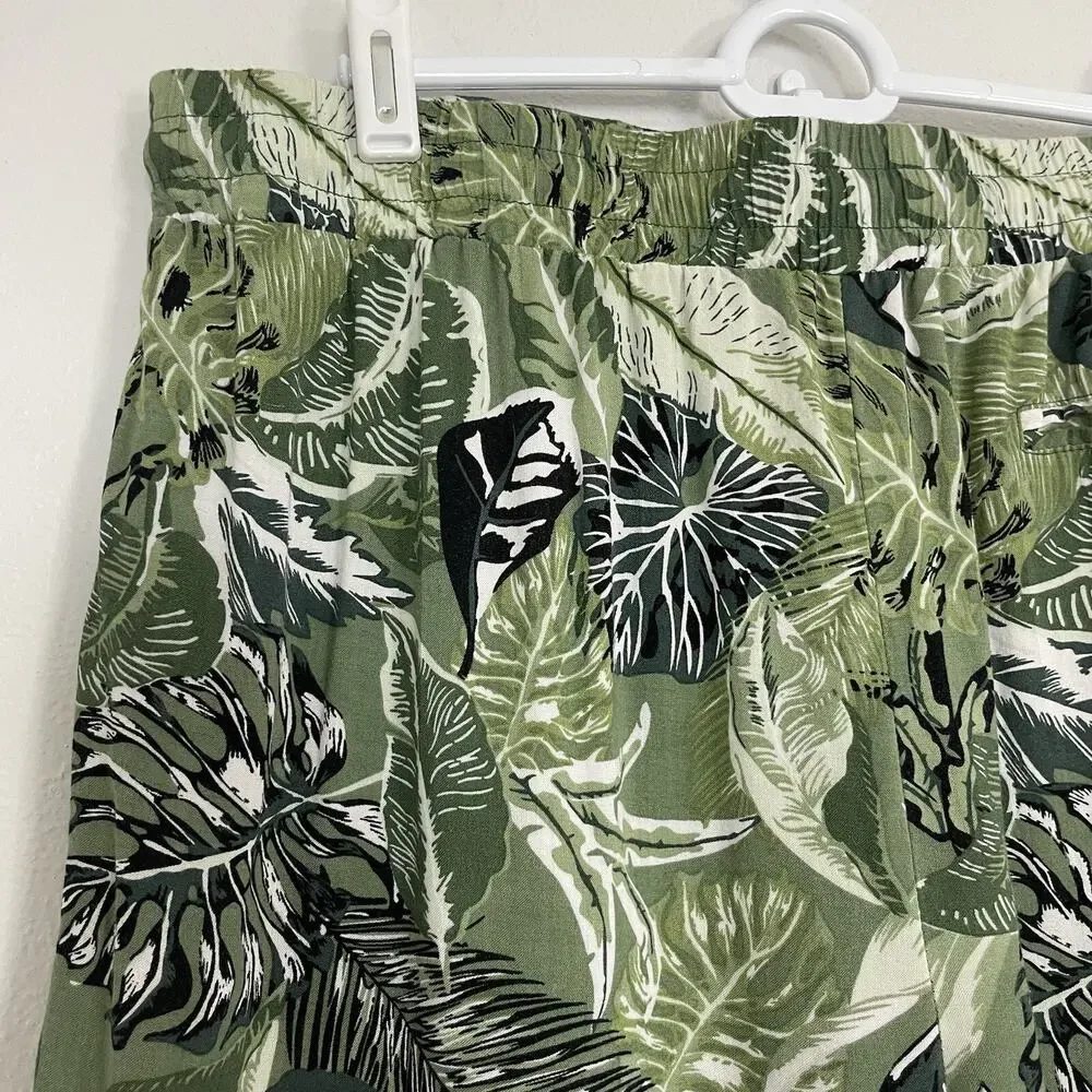 High Rise Tropical Palm Leaf Print Shorts Elastic Waist Green White Large